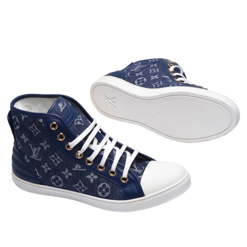 LV MS0126 Monogram印花牛仔單寧布高統休閒鞋(藍)
