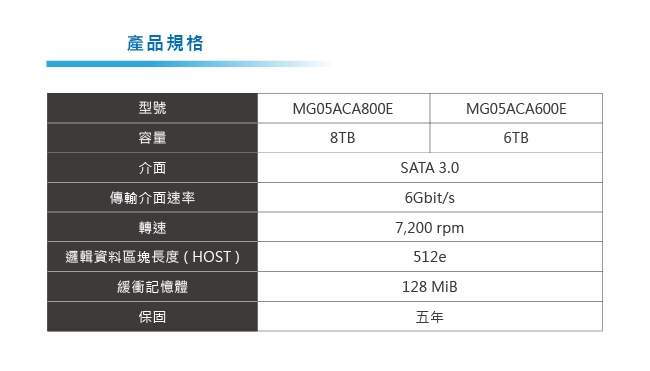 【TOSHIBA】 3.5吋 8TB 7200RPM/128MiB SATA3 企業級硬碟