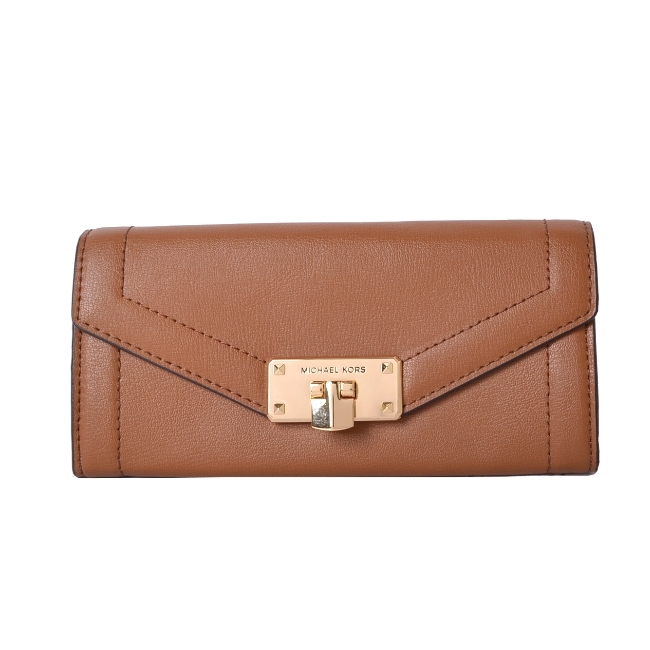 MICHAEL KORS KINSLEY金屬LOGO鉚釘防刮皮信封長夾-焦糖色