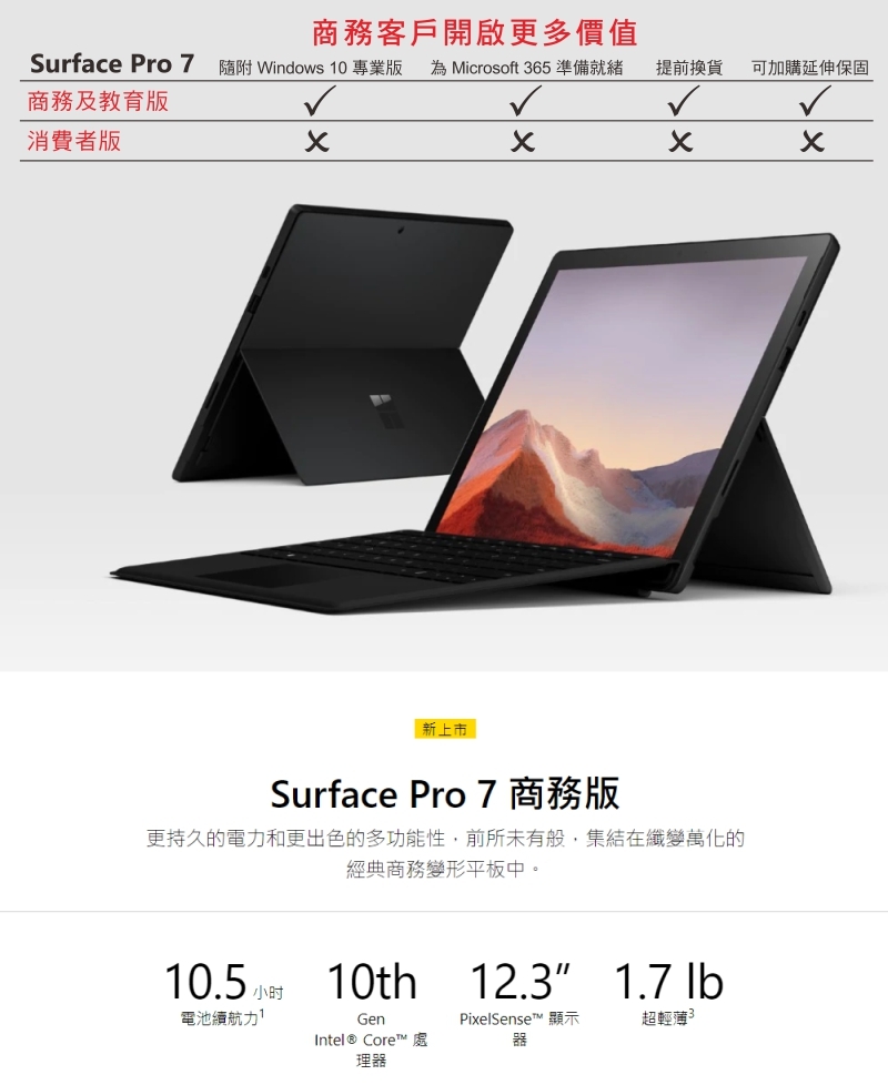 微軟 Surface Pro 7 商務版 i7/16G/512G 二色可選