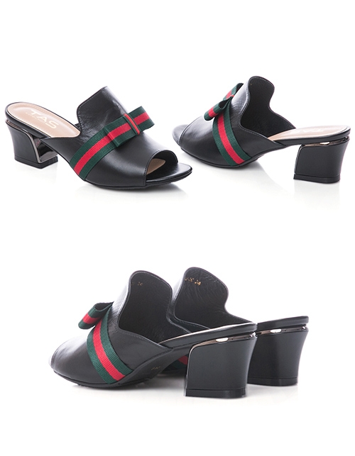 TAS 蝴蝶結繫帶質感素面粗跟涼拖鞋-時尚黑