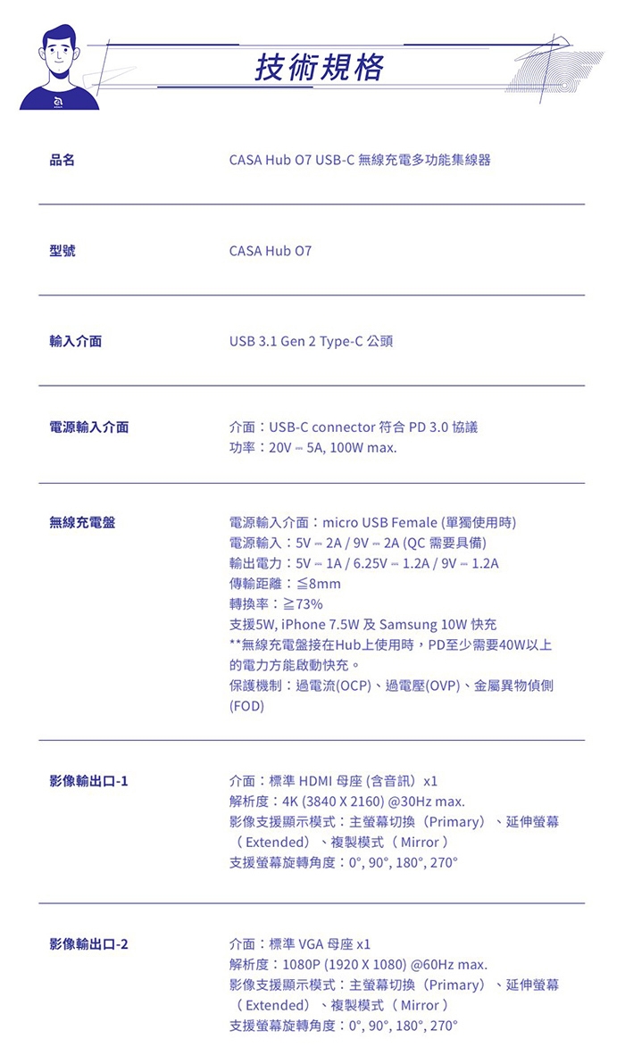 【亞果元素】CASA Hub O7 USB-C 七合一 無線充電 多功能集線器