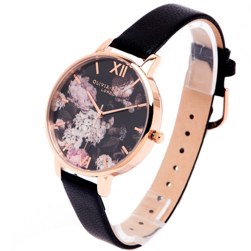 Olivia Burton 神祕花語皮革錶帶手錶(OB15WG12)-黑色花朵面/38mm