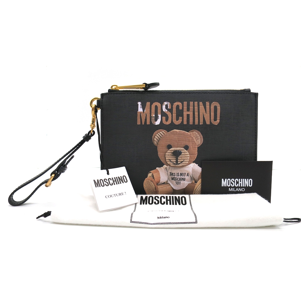 MOSCHINO 瓦楞熊圖案黑色拉鍊手拿包