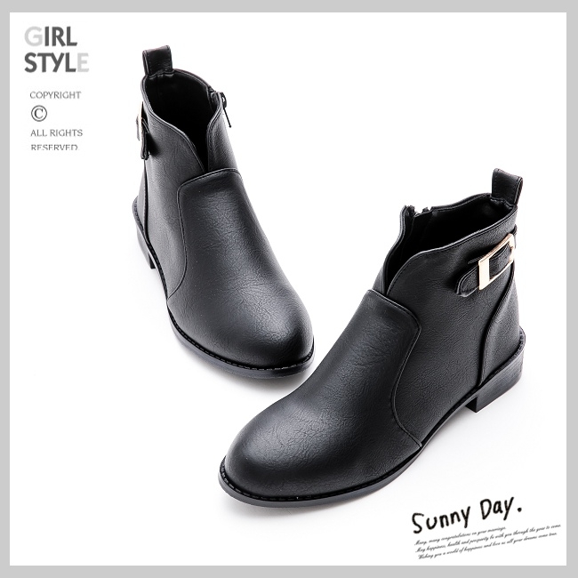 River&Moon短靴-方金扣前V口微尖頭低跟靴 黑