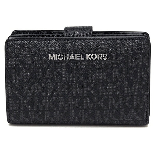 MICHAEL KORS Jet Set銀字LOGO滿版L型皮革拉鍊中夾 黑色