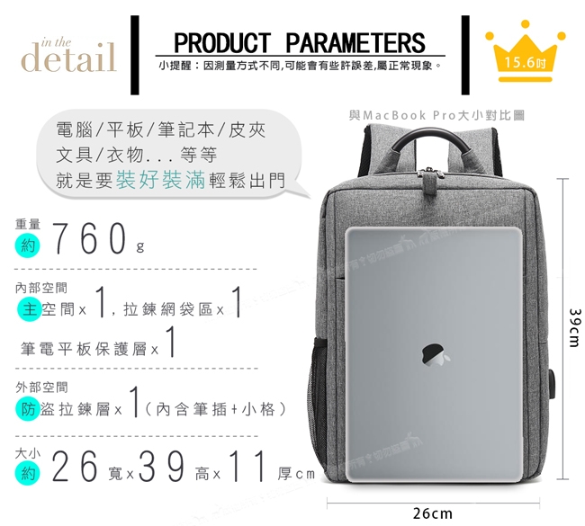 15.6吋 通勤日常 防潑水MacBook學生書包 上班族平板筆電後背包