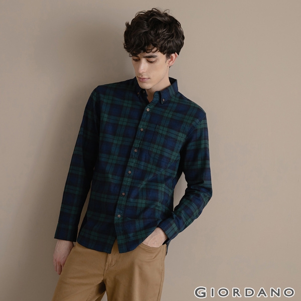 GIORDANO 男裝法蘭絨溫暖磨毛長袖襯衫-28 寶藍/綠格紋