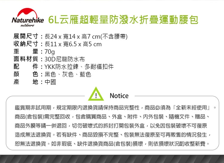 Naturehike 6L云雁超輕量防潑水折疊運動腰包 胸前包 2入組