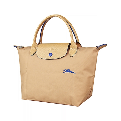 LONGCHAMP COLLECTION刺繡LOGO尼龍摺疊短把拉鍊手提包(小/米x深藍)