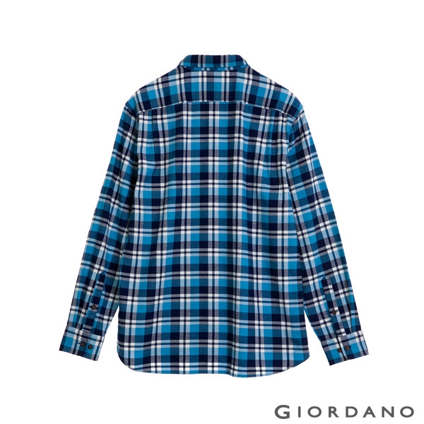GIORDANO 男裝法蘭絨溫暖磨毛長袖襯衫-23 寶藍/藍/白格紋