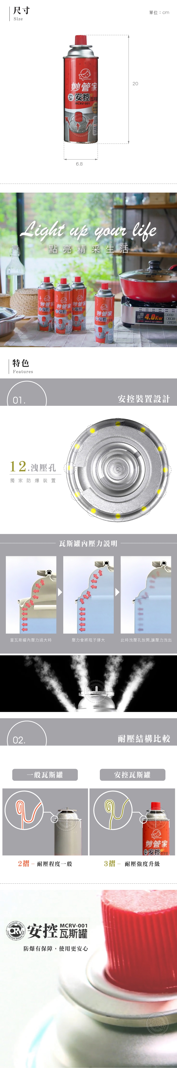 妙管家安控卡式瓦斯爐瓦斯罐3入.戶外登山露營野炊耐壓防爆洩氣孔氣瓶卡式瓦斯罐