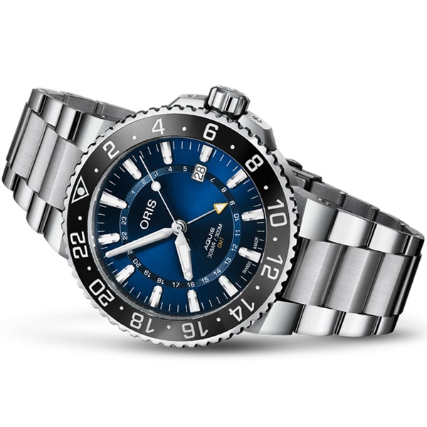 ORIS AQUIS GMT 時間之海 雙時區日期潛水錶-43.5mm藍面/鋼帶