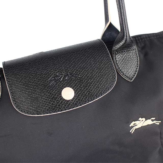 Longchamp Collection尼龍布刺繡品牌長把水餃包(黑色/小)