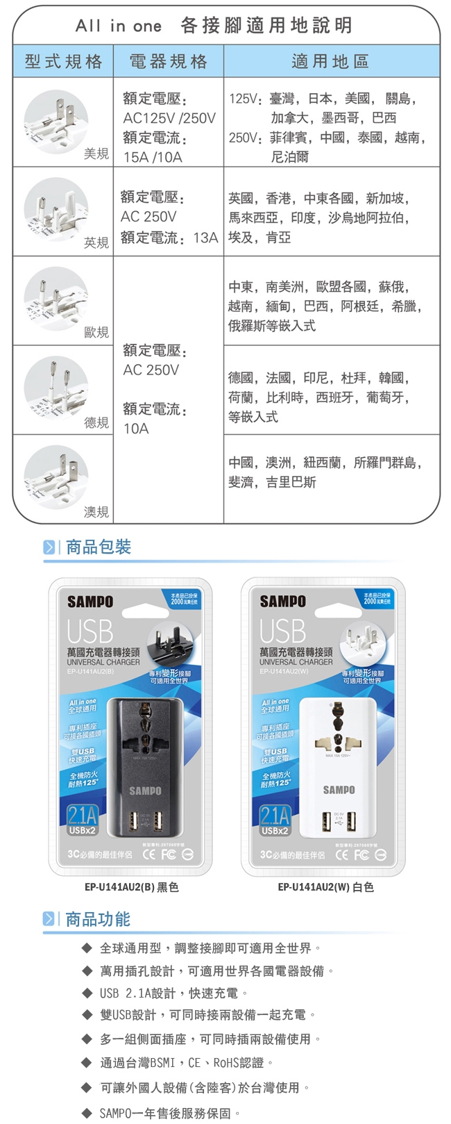 SAMPO 聲寶《全球通用型》旅行萬用轉接頭(2USB充電+2擴充插座)