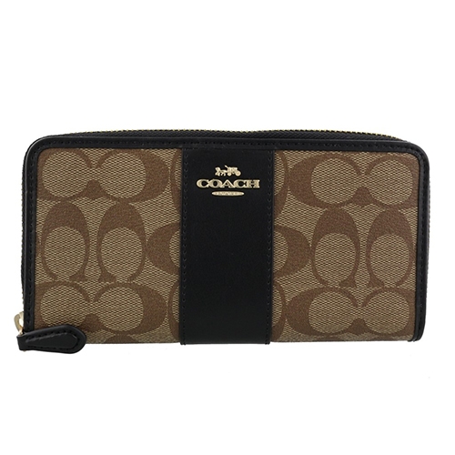 COACH 馬車LOGO拼接撞色拉鍊長夾 棕x黑