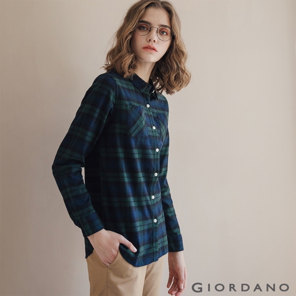 GIORDANO 女裝法蘭絨溫暖磨毛長袖襯衫-28 寶藍/綠格紋