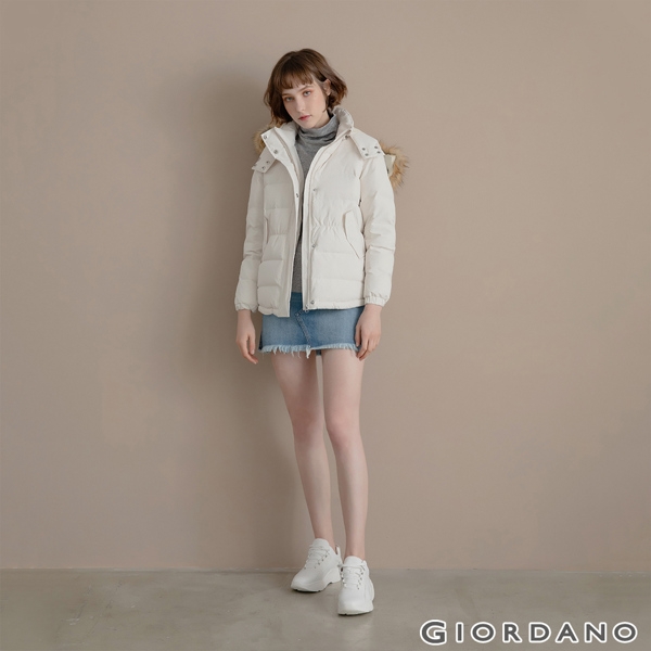 GIORDANO 女裝素色可拆式連帽羽絨外套 - 03 蘆筍白