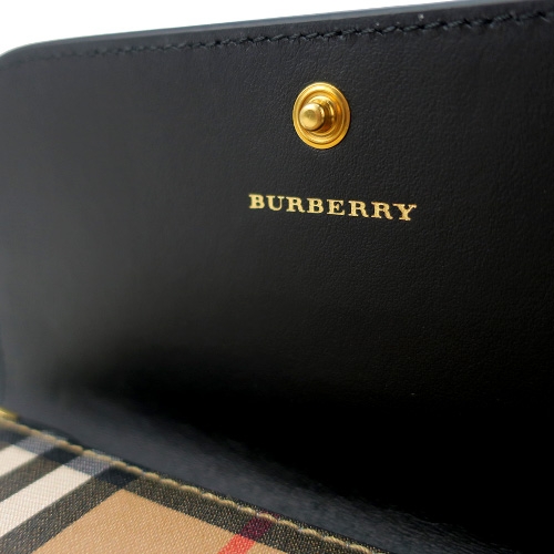 BURBERRY Vintage經典格紋皮革翻蓋窄寬長夾(卡其黑)