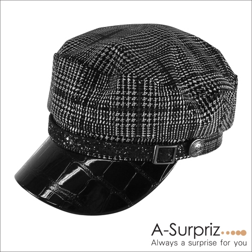 A-Surpriz 細千鳥格拼接皮革貝蕾帽(黑白格)
