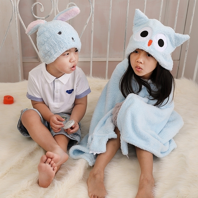 【MORINO摩力諾】動物造型速乾兒童連帽罩袍 披風 抱枕(貓頭鷹) 附提袋