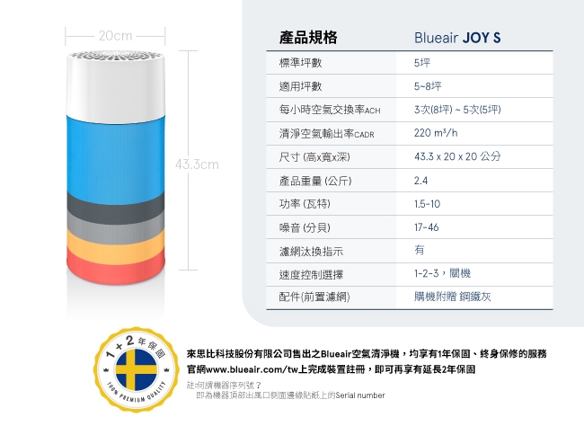 2入組！瑞典Blueair 5-8坪 抗PM2.5過敏原空氣清淨機 JOY S