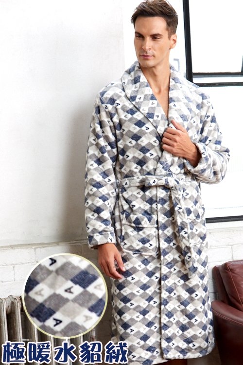睡袍 極暖水貂絨男性睡袍(R80226-6灰藍格紋)蕾妮塔塔