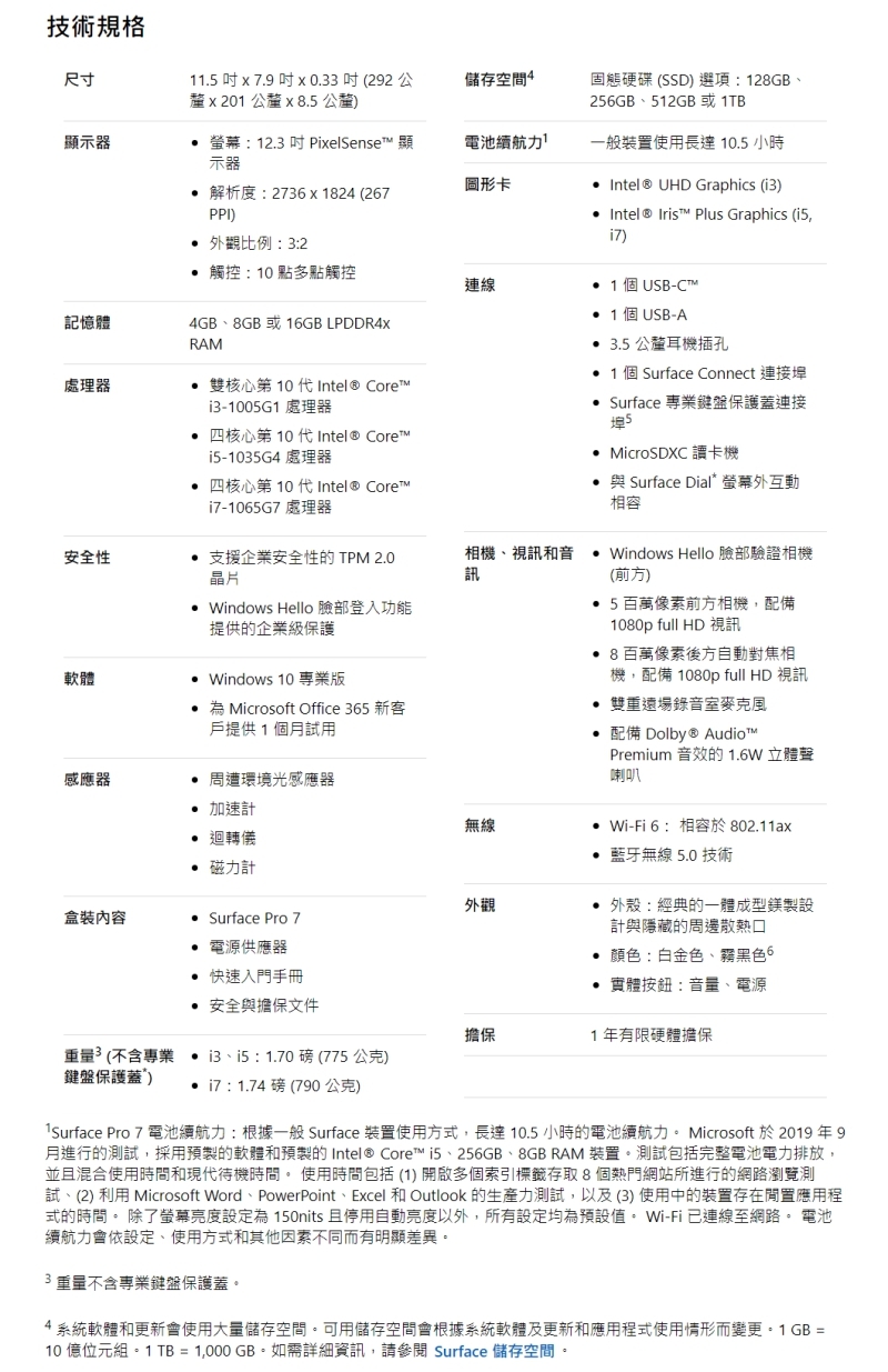 微軟 Surface Pro 7 商務版 i7/16G/512G 二色可選