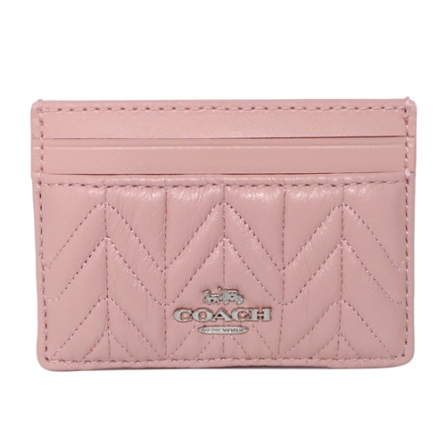 COACH粉紅抓摺V紋全皮雙面票卡夾