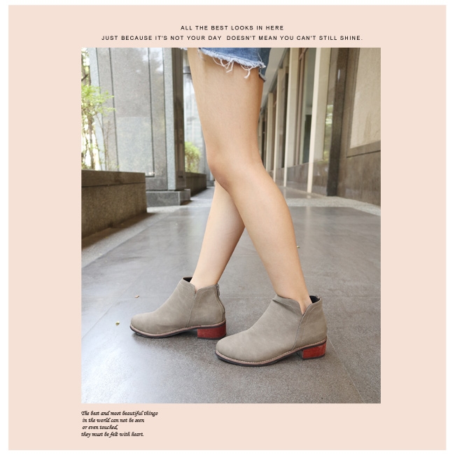 TTSNAP短靴-細緻微尖纖細後拉鍊中跟靴 卡其