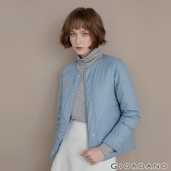 GIORDANO 女裝圓領鈕扣款輕薄羽絨外套 - 02 白令海藍