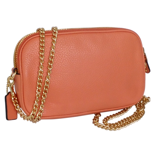 COACH粉橘荔枝紋全皮鍊帶雙層斜背小包