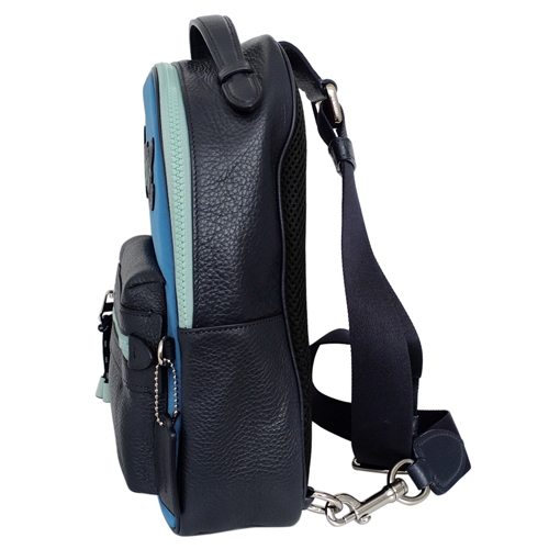 COACH藍色尼龍拼接真皮文字單肩斜後背胸包/男包