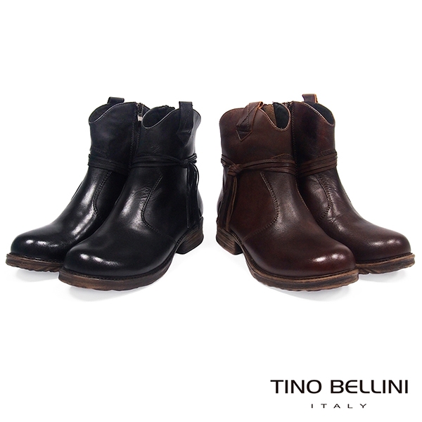 Tino Bellini不羈皮革綁繩低跟短靴_黑