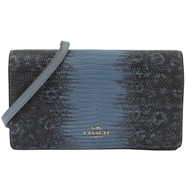 COACH 金屬LOGO蛇皮紋牛皮可斜背式長夾(藍)