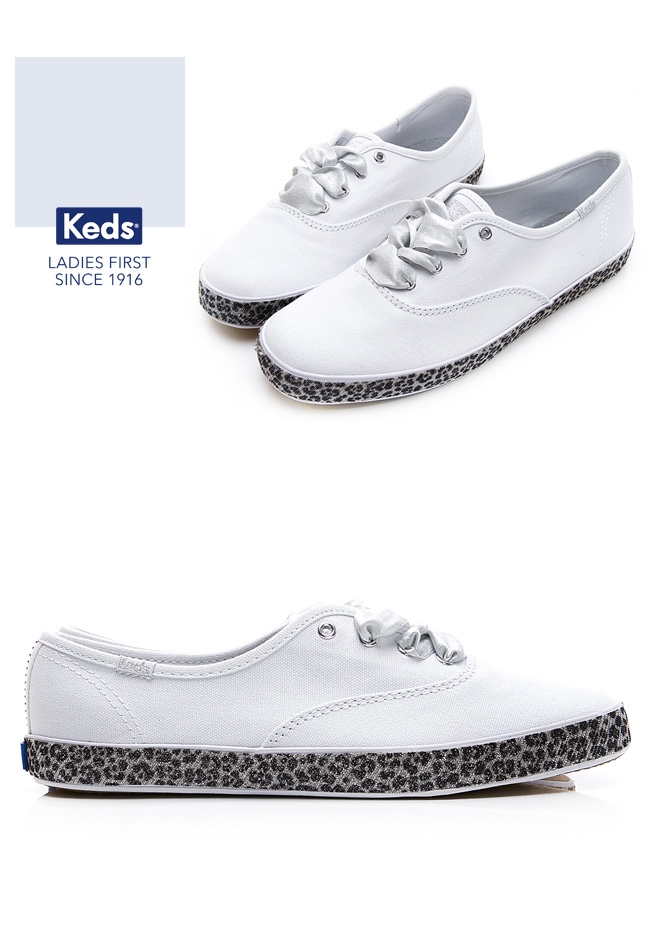 Keds CHAMPION 豹紋滾邊帆布綁帶休閒鞋-白/黑