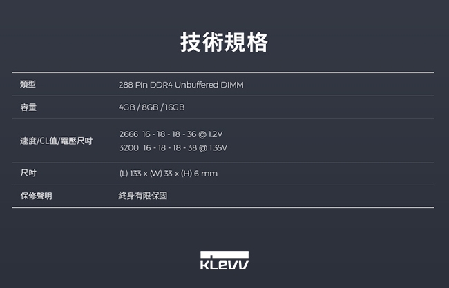 KLEVV 科賦 BOLT X DDR4 3200 4G 桌上型記憶體(雷霆系列)