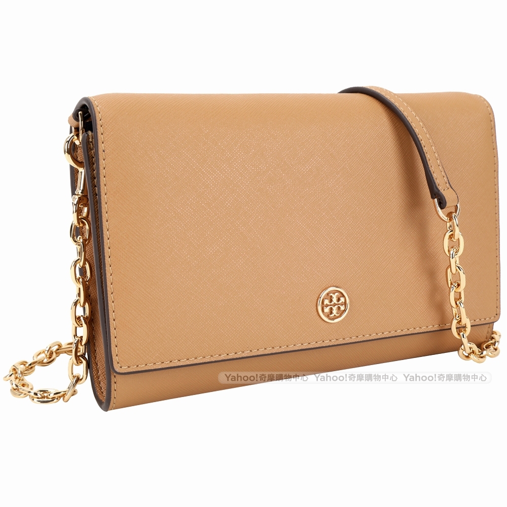 TORY BURCH Robinson Chain WOC 皮革長夾/鍊帶包(堅果棕x藍)