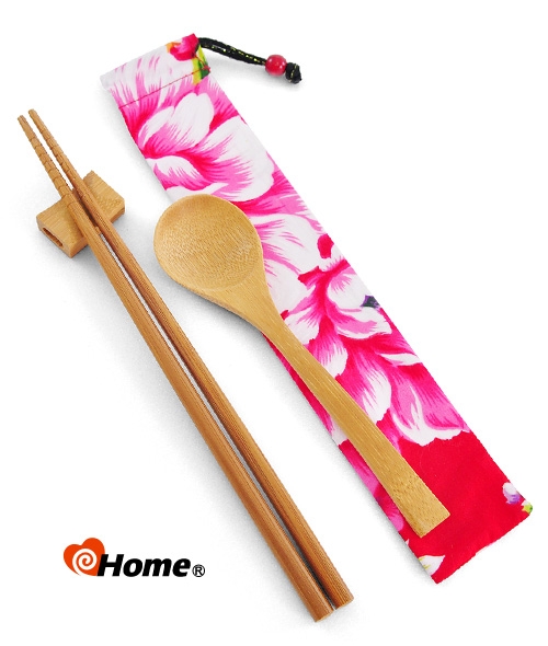 i-home 碳化竹筷湯匙組 富貴花布束口袋-四件組(1組)