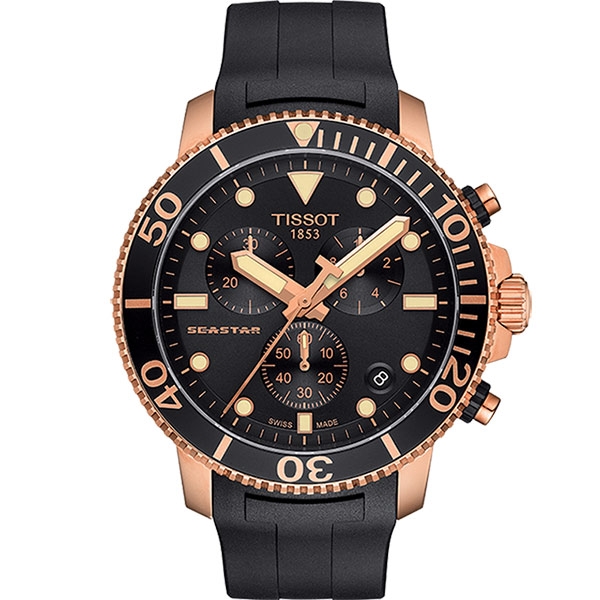 TISSOT 天梭 Seastar 1000 海洋之星300米計時手錶-黑x玫塊金框