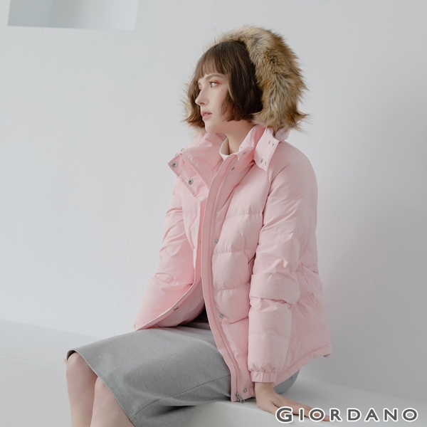 GIORDANO 女裝素色可拆式連帽羽絨外套 - 04 玫瑰粉