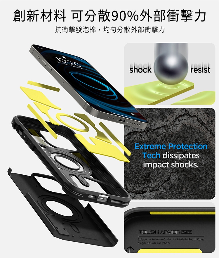 創新材料 可分散90%外部衝擊力抗衝擊發泡棉,均勻分散外部衝擊力shockresistExtreme ProtectionTech dissipatesimpact shocks.TOUGH  Spigen Inc in Irvine California Made in South Magnetic Case for iPhone
