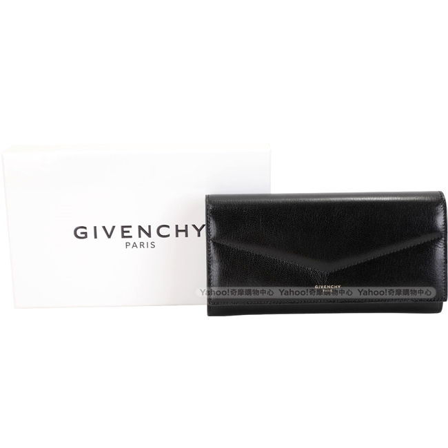 GIVENCHY V型明線撞色襯裡羊皮釦式長夾(黑色)