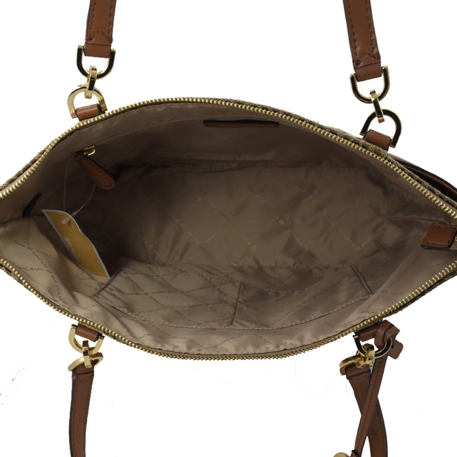 MICHAEL KORS BEDFORD織布雙口袋牛皮拉鍊托特包(咖)