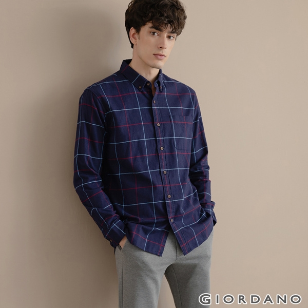 GIORDANO 男裝法蘭絨溫暖磨毛長袖襯衫-21 寶藍/紅/藍格紋