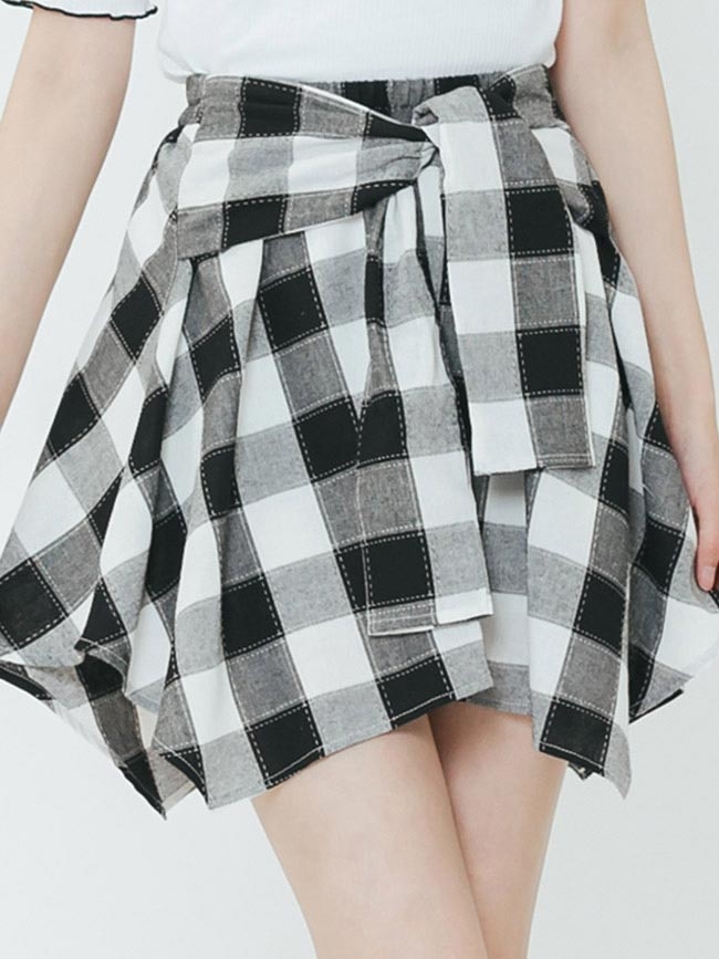 H:CONNECT 韓國品牌 女裝-綁結設計格紋短裙-黑