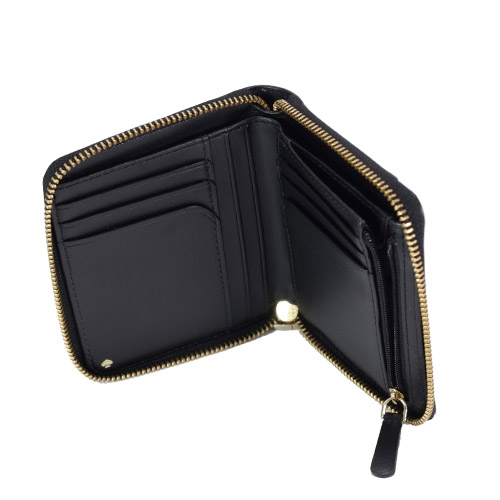 KATE SPADE 金屬字母防刮皮革拉鍊短夾含鑰匙扣環(黑色)