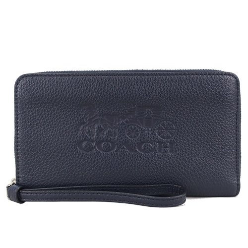 COACH 馬車壓紋LOGO荔枝紋牛皮手掛式手機/拉鍊長夾(深藍)