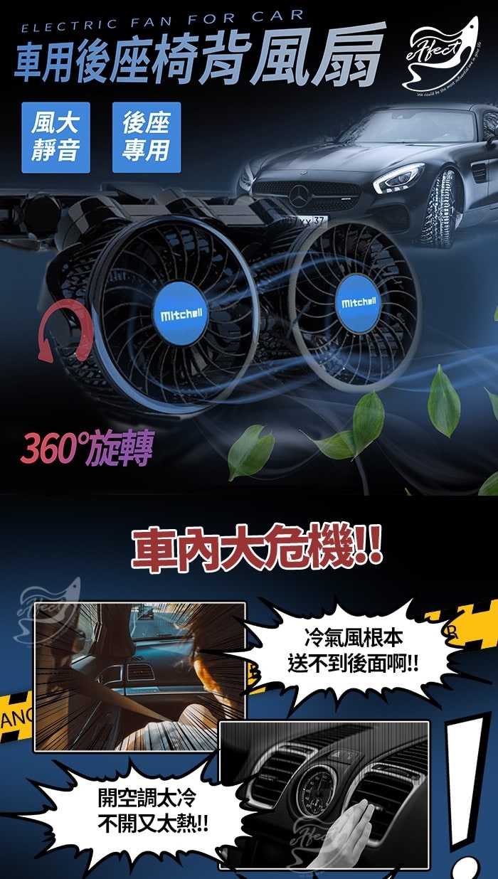 【Effect】360度車用後座椅背風扇(360度旋轉/後座專用)