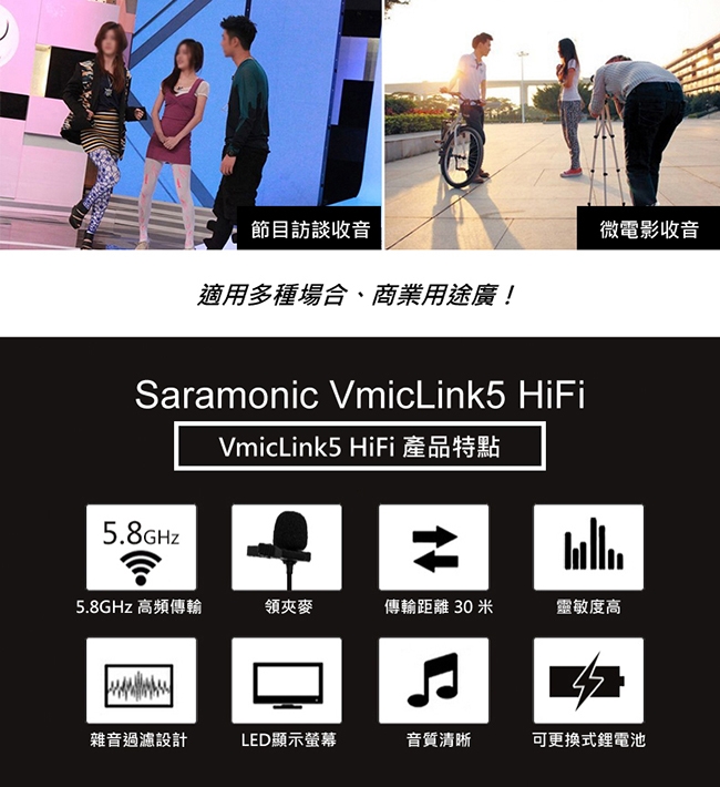 Saramonic楓笛 VmicLink5 HiFi(RX5+TX5)一對一無線麥克風套裝